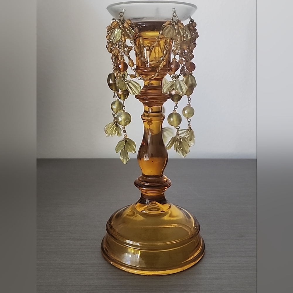 Vintage Amber Glass Victorian Style Candelabra Pillar Candlestick Holder 8".